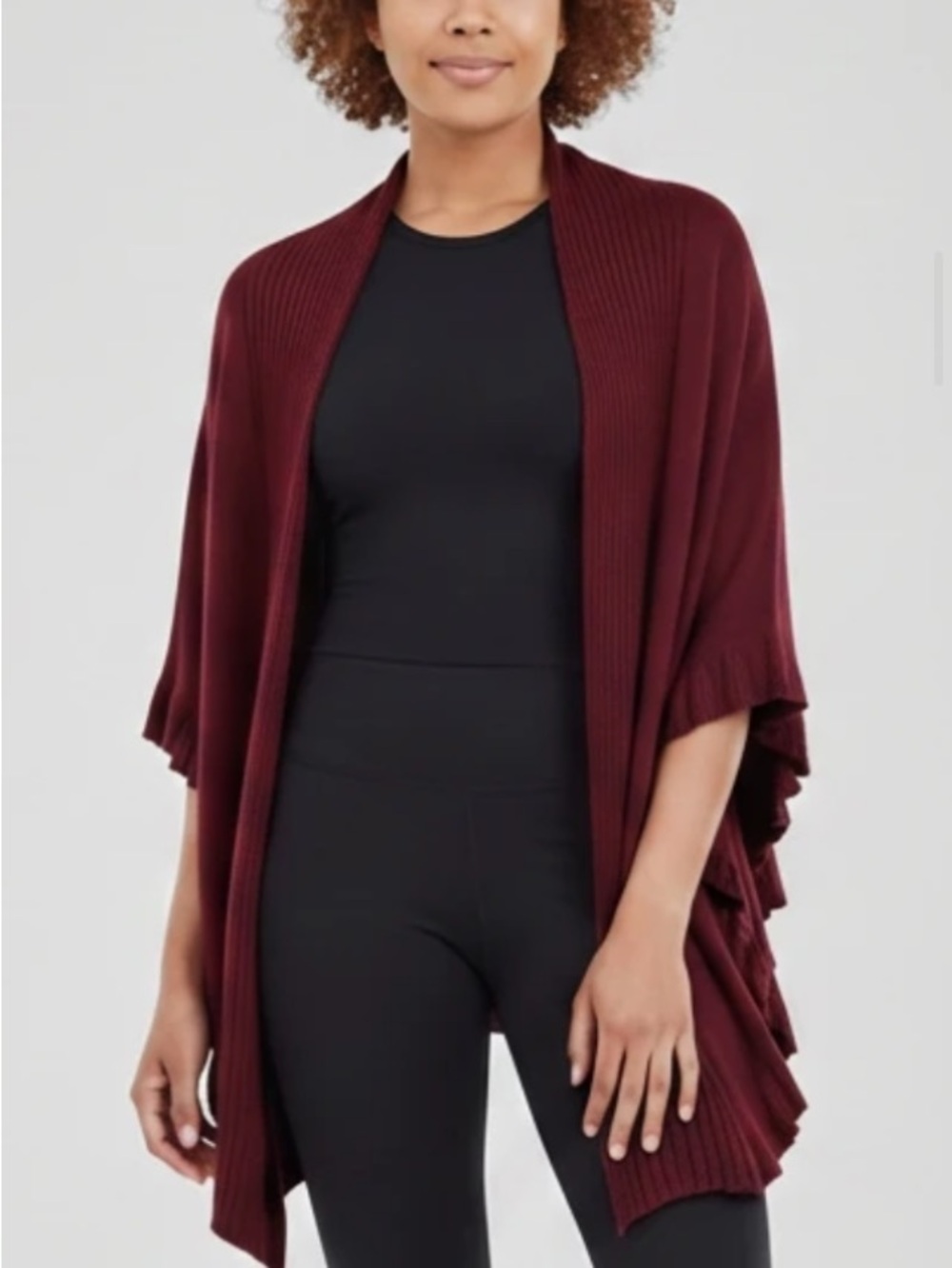 Joseph Open-Front Ribbed Poncho in Burgundy